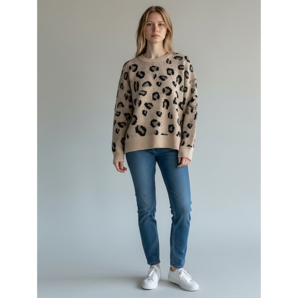 Anne Klein Leopard Print Sweater L Tan Black Gold Metallic Knit Crewneck Top
